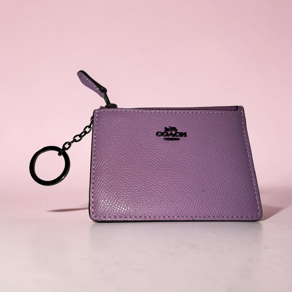Coach Mini Skinny ID Case Purple Crossgrain Leather Keychain Card Wallet